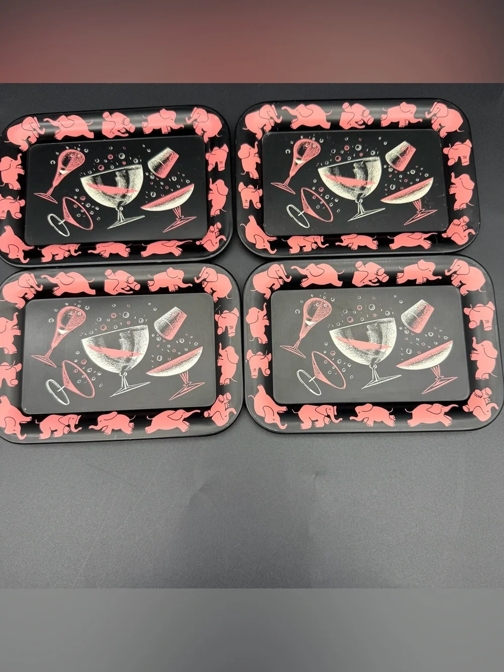 Vintage Pink Elephant Cocktail Serving Trays - Set of 4
